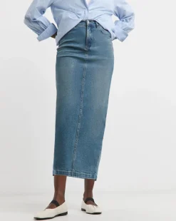 24/7 Blue Midi Denim Skirt