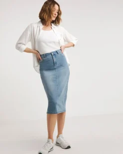24/7 Blue Midi Denim Skirt
