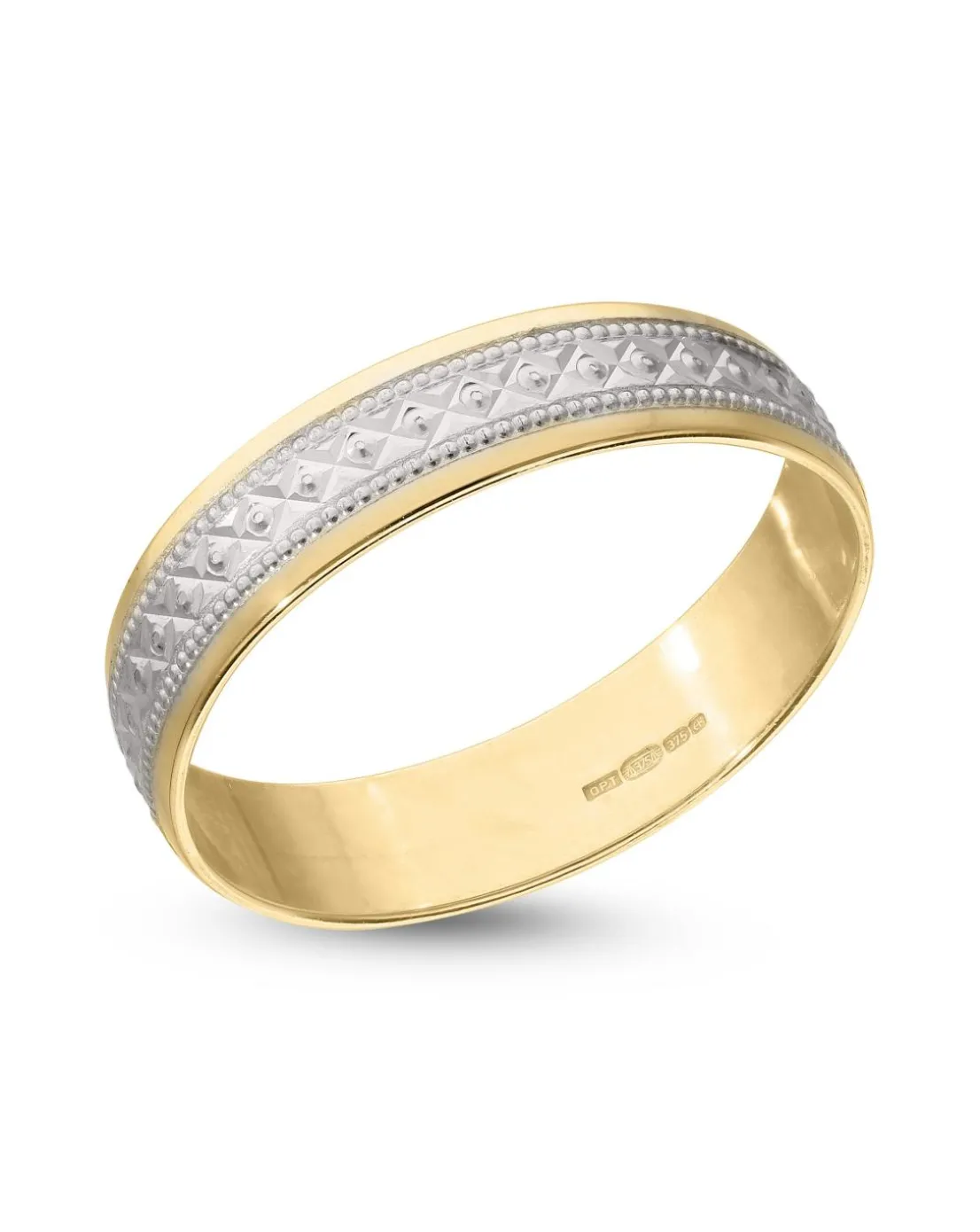 9 Carat Gold 4mm Two Tone Diamond Cut Wedding Band