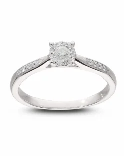 9 Carat White Gold Diamond Solitaire Look Ring with Diamond Set Shoulders