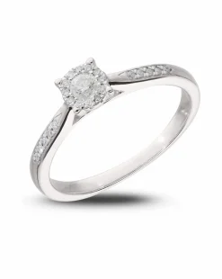 9 Carat White Gold Diamond Solitaire Look Ring with Diamond Set Shoulders
