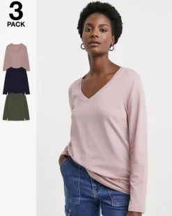 3 Pack Long Sleeve V Neck Tops