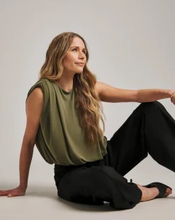 Anthology Khaki Modal Shoulder Pad Top