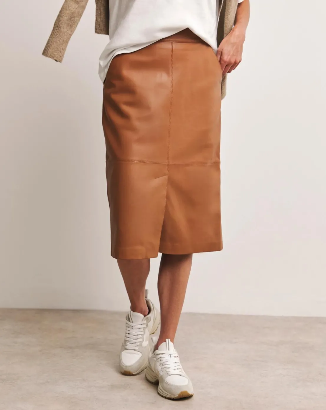 Anthology Tan Leather Column Midi Skirt