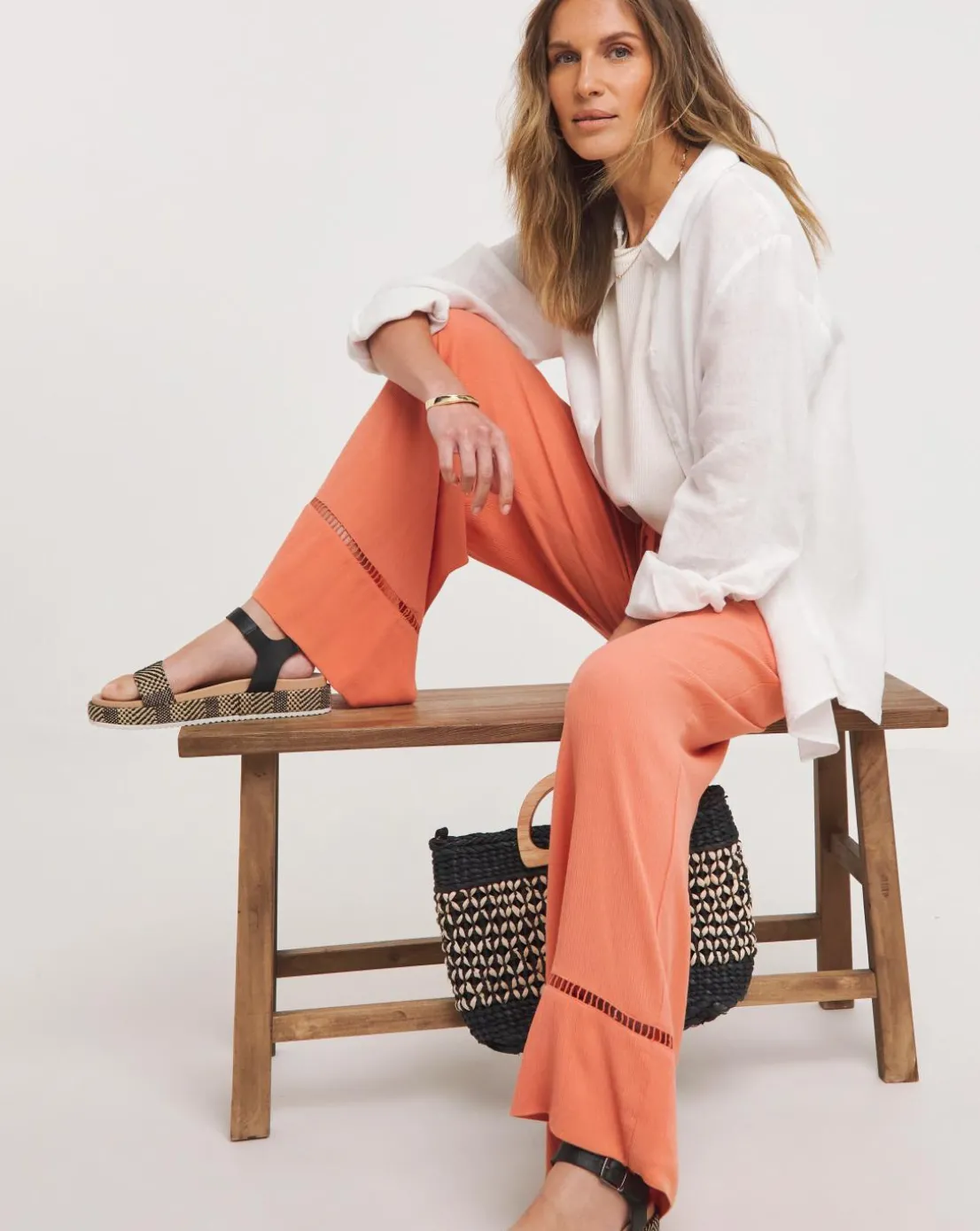 Apricot Crinkle Shirred Waist Wide Leg Trousers