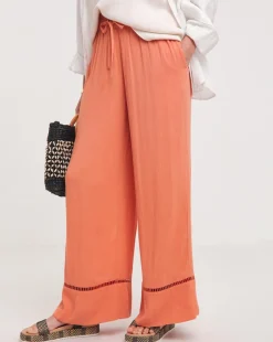 Apricot Crinkle Shirred Waist Wide Leg Trousers