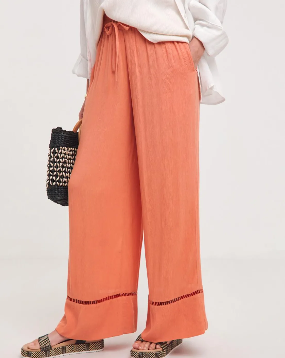 Apricot Crinkle Shirred Waist Wide Leg Trousers