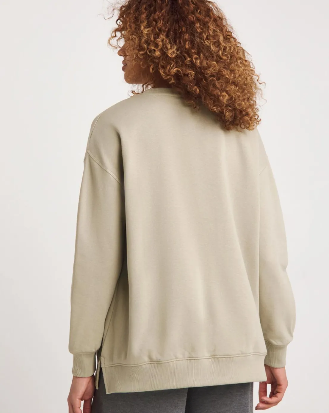 Beige Split Hem Crew Neck Sweatshirt