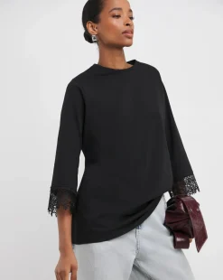 Black 3/4 Lace Insert Sleeve Longline Top