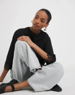 Black 3/4 Lace Insert Sleeve Longline Top