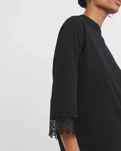 Black 3/4 Lace Insert Sleeve Longline Top