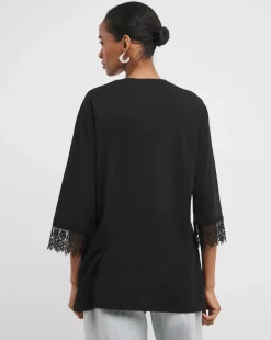 Black 3/4 Lace Insert Sleeve Longline Top