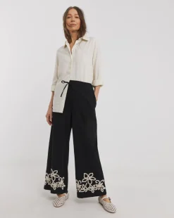 Black Cotton Cornelly Embroidered Wide Leg Trousers
