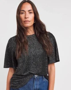 Black Crew Neck Angel Sleeve Glitter Knit Top