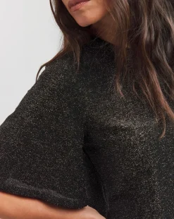 Black Crew Neck Angel Sleeve Glitter Knit Top