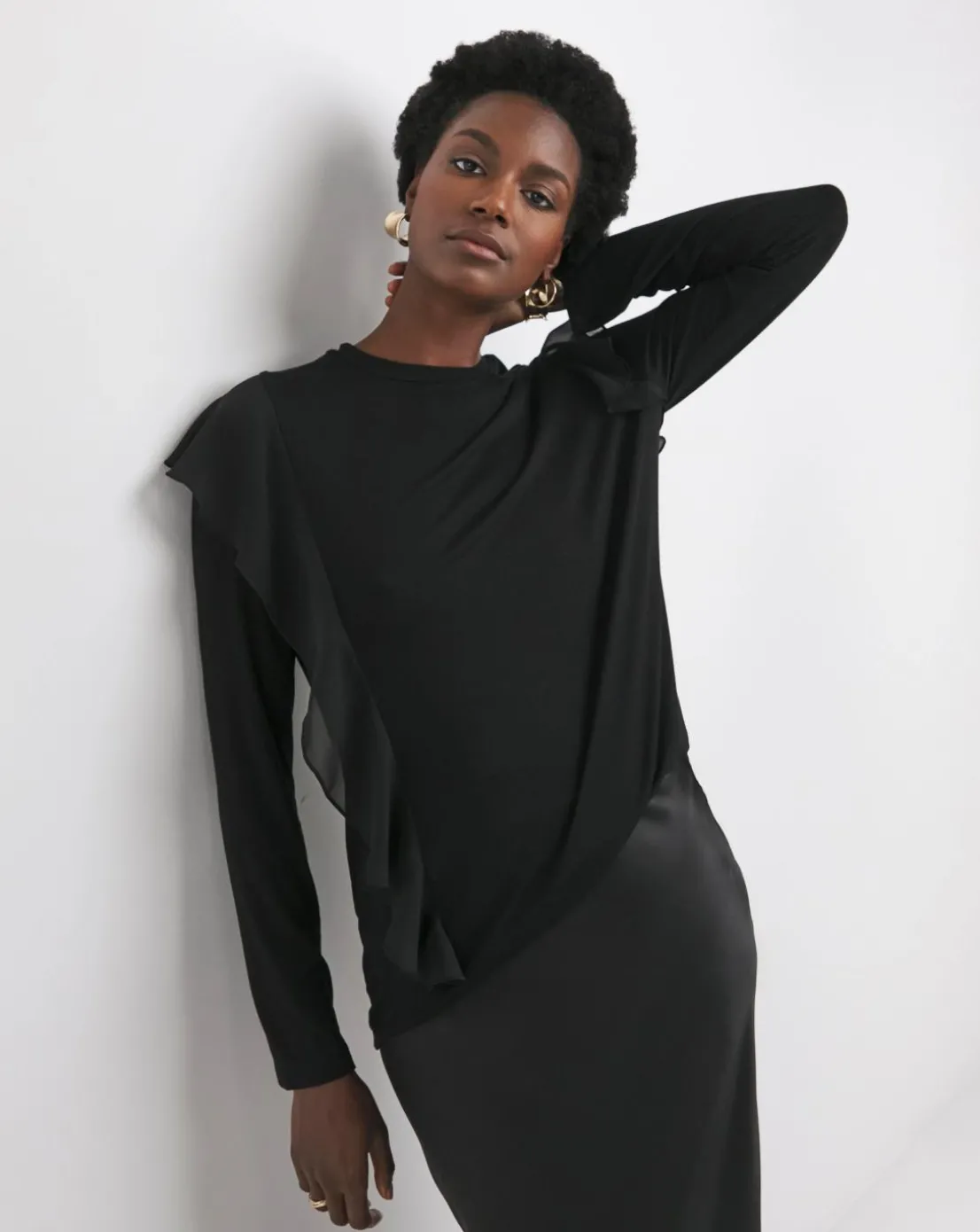 Black Crew Neck Chiffon Frill T-Shirt