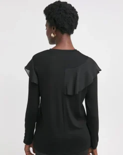 Black Crew Neck Chiffon Frill T-Shirt