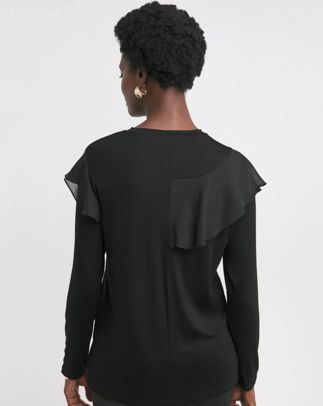 Black Crew Neck Chiffon Frill T-Shirt