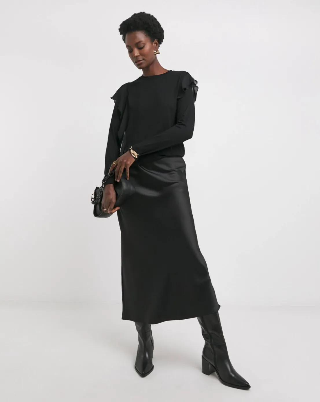 Black Crew Neck Chiffon Frill T-Shirt