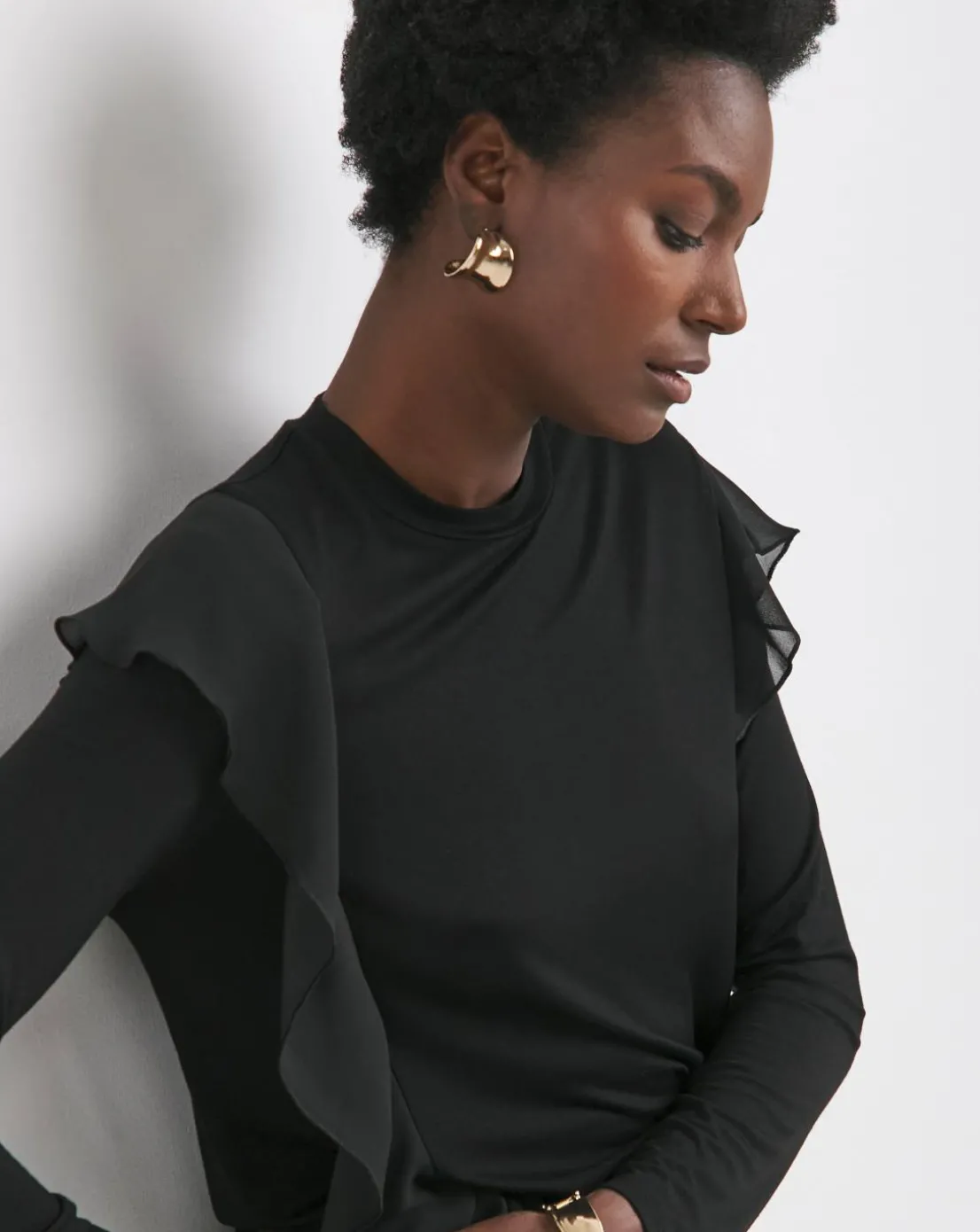 Black Crew Neck Chiffon Frill T-Shirt