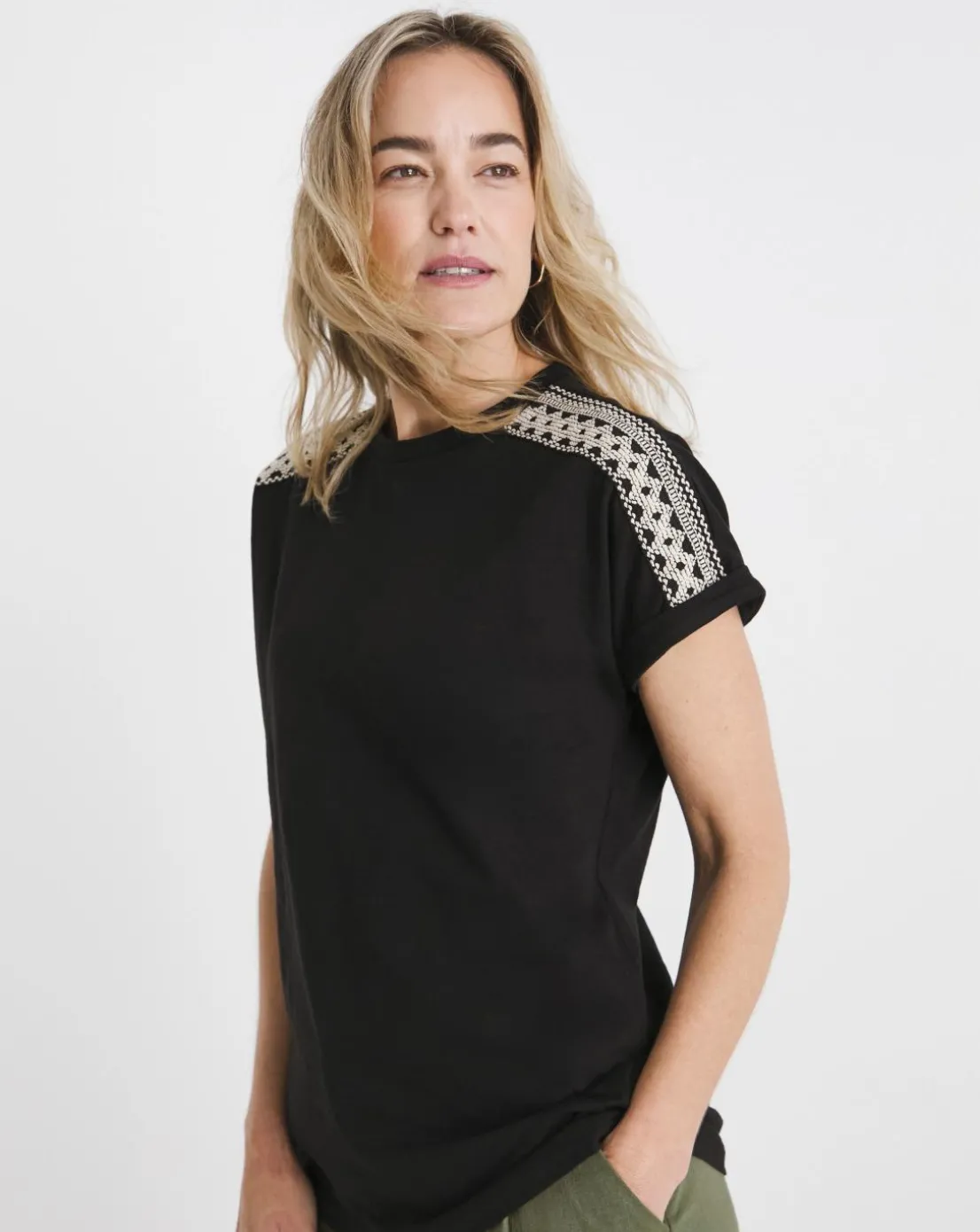 Black Crew Neck Embroidered Shoulder T-Shirt
