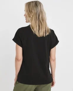 Black Crew Neck Embroidered Shoulder T-Shirt
