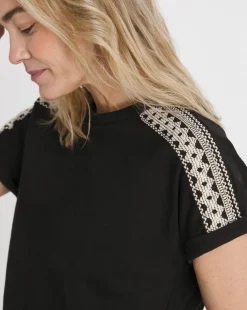 Black Crew Neck Embroidered Shoulder T-Shirt
