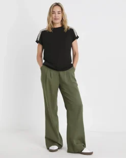 Black Crew Neck Embroidered Shoulder T-Shirt