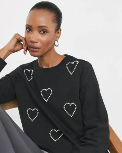 Black Crew Neck Pearl Heart Sweatshirt