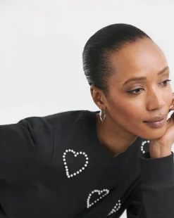 Black Crew Neck Pearl Heart Sweatshirt