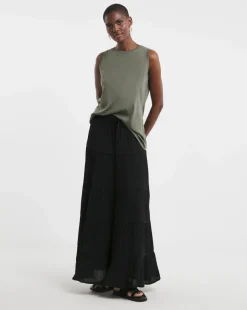Black Crinkle Tiered Maxi Skirt