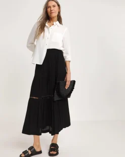 Black Crinkle Tiered Midi Skirt