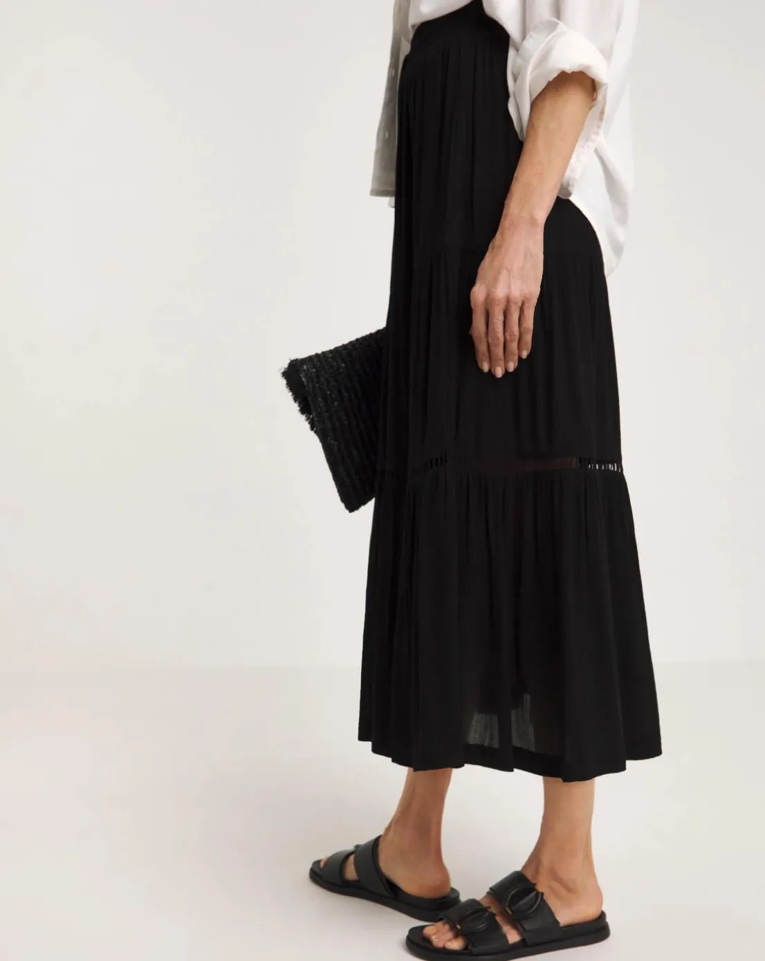Black Crinkle Tiered Midi Skirt