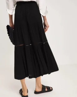 Black Crinkle Tiered Midi Skirt