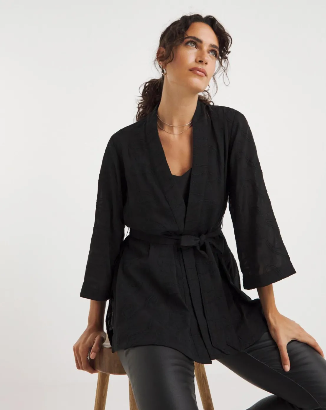 Black Embroidered Sheer Kimono