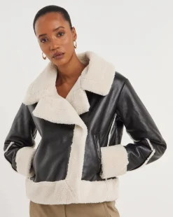 Black Faux Shearling Oversized Collar Aviator