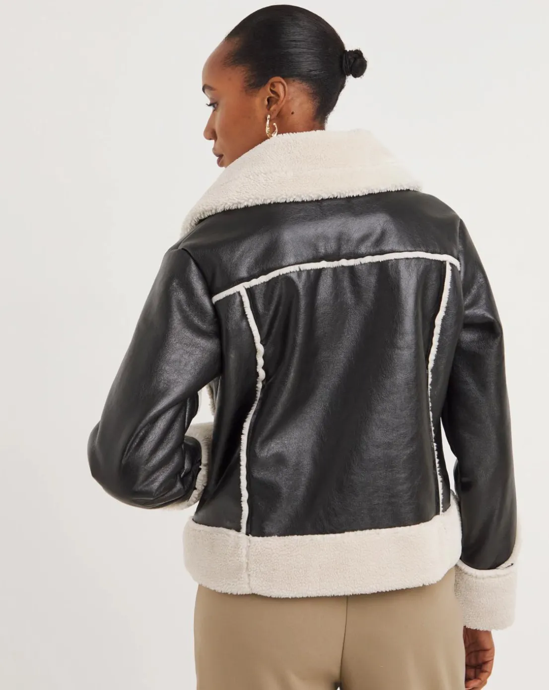 Black Faux Shearling Oversized Collar Aviator