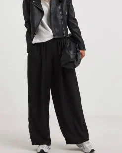 Black Herringbone Wide Leg Pull On Trouser