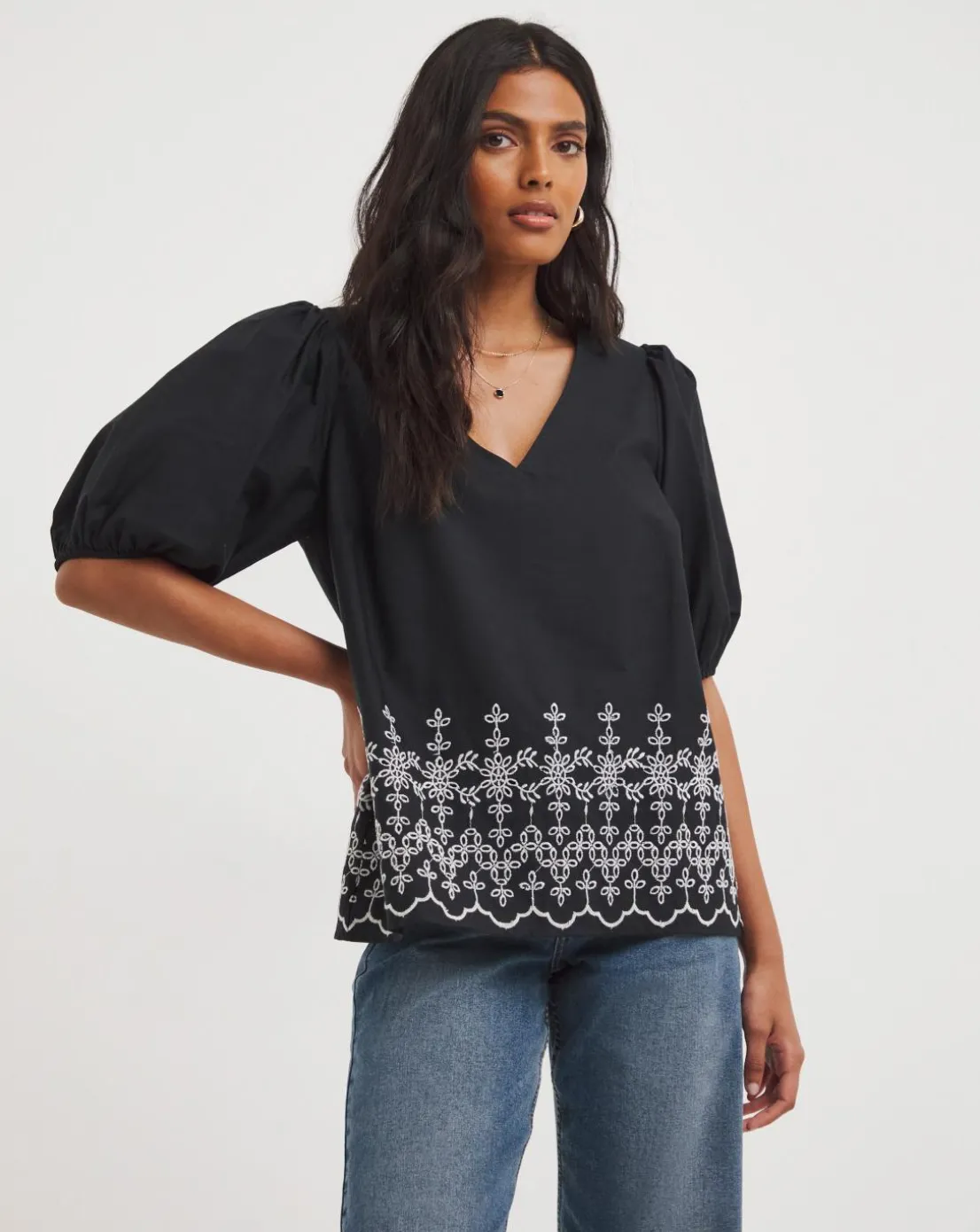 Black Lace Insert Broderie Top