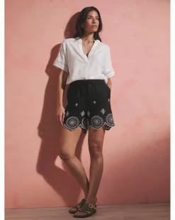 Black Linen Mix Broderie Hem Shorts