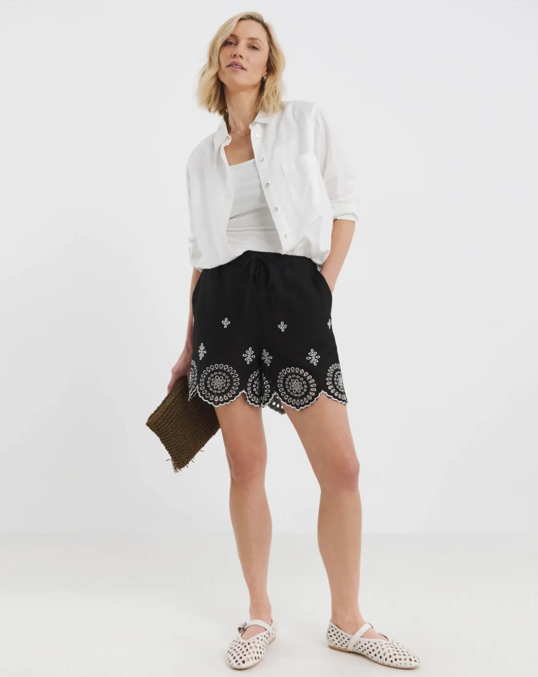 Black Linen Mix Broderie Hem Shorts