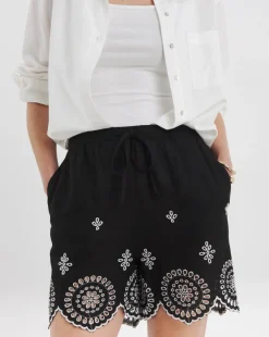 Black Linen Mix Broderie Hem Shorts