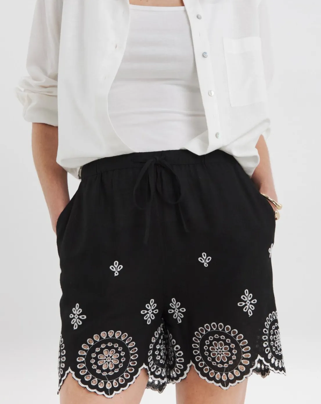 Black Linen Mix Broderie Hem Shorts