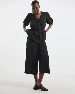 Black Linen Mix Cropped Wide Leg Culottes