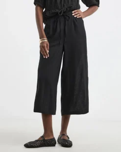 Black Linen Mix Cropped Wide Leg Culottes