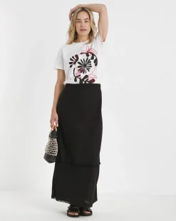 Black Linen Mix Frayed Hem Skirt