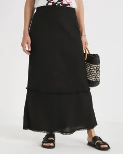 Black Linen Mix Frayed Hem Skirt