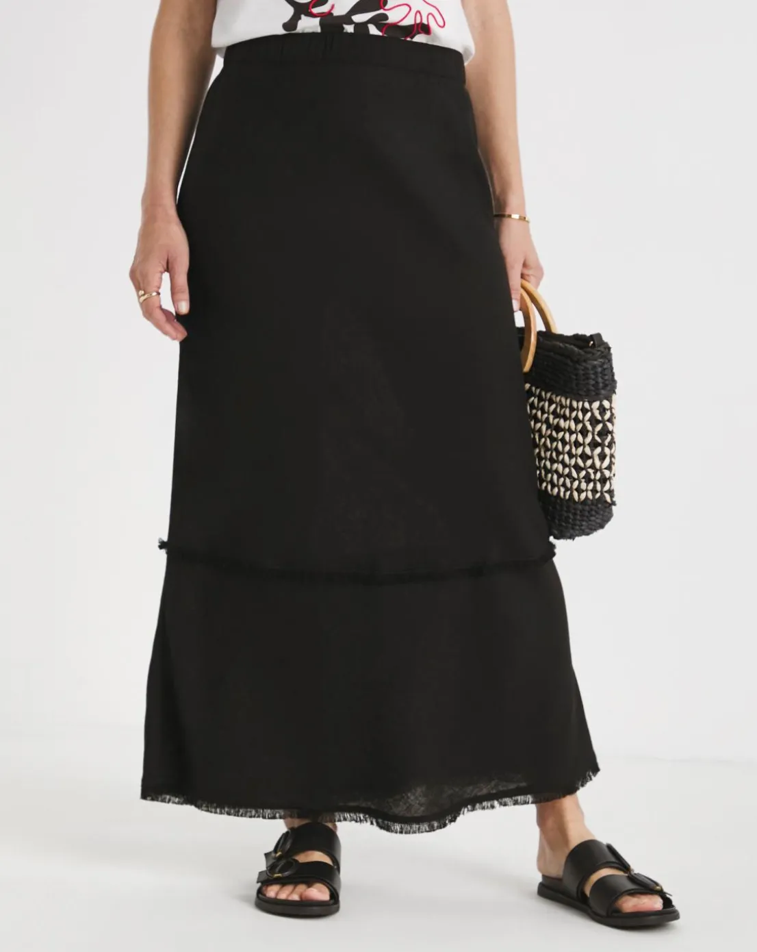 Black Linen Mix Frayed Hem Skirt