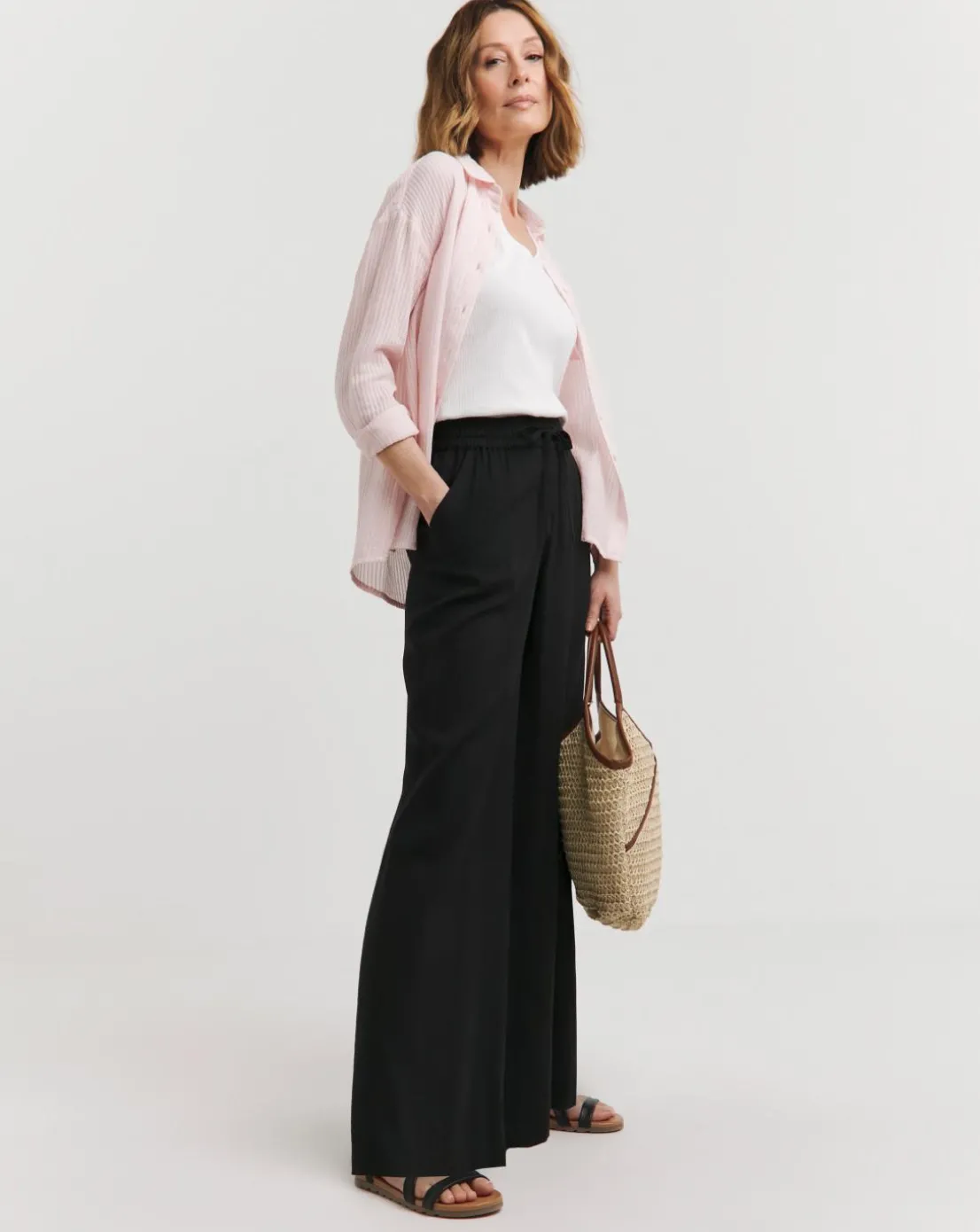 Black Linen Mix Wide Leg Trousers