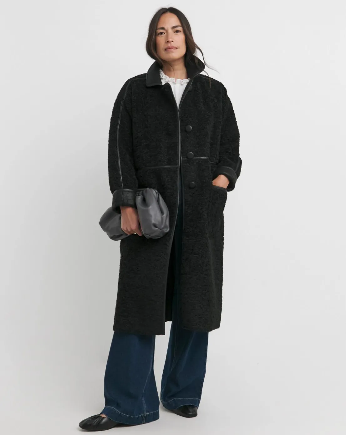 Black Longline Teddy Contrast Coat